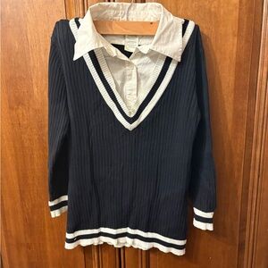 Black V-Neck Sweater with White Collar